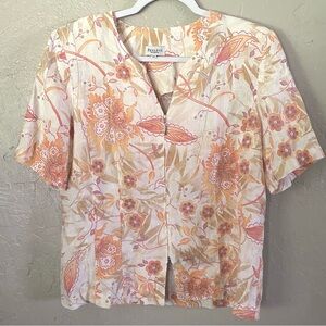 Bexleys Woman Sz 40 Linen Blend Top Front  Zip Shirt Peach Short Sleeve Floral